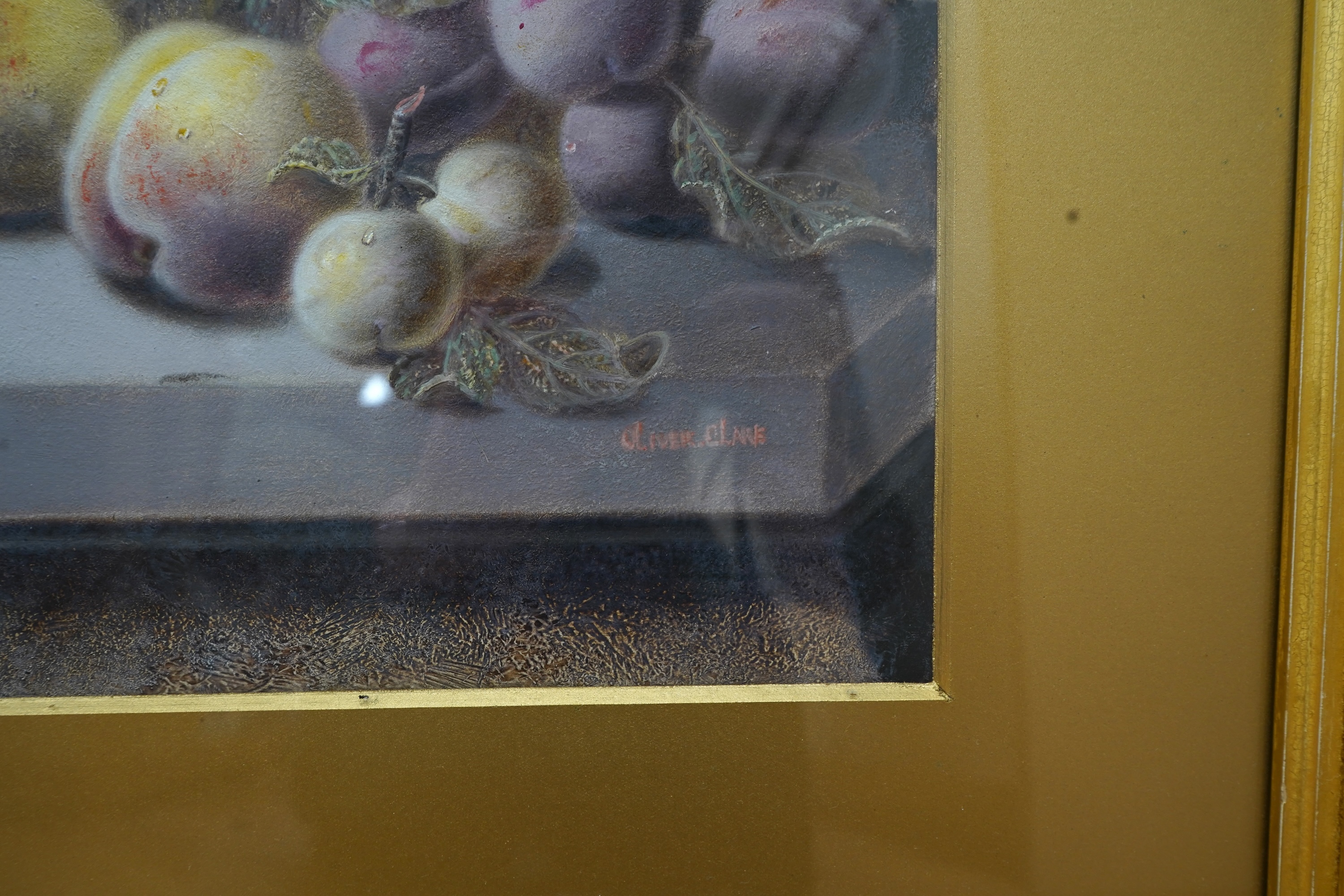 Oliver Clare (1853-1927), Still life of plums, signed, oil, ornate gilt frame, 29 x 23cm
